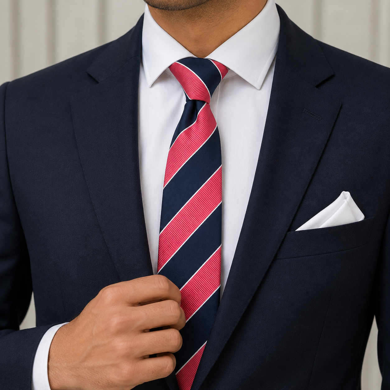 The Salmon Rose & Navy Stripe Tie - Model