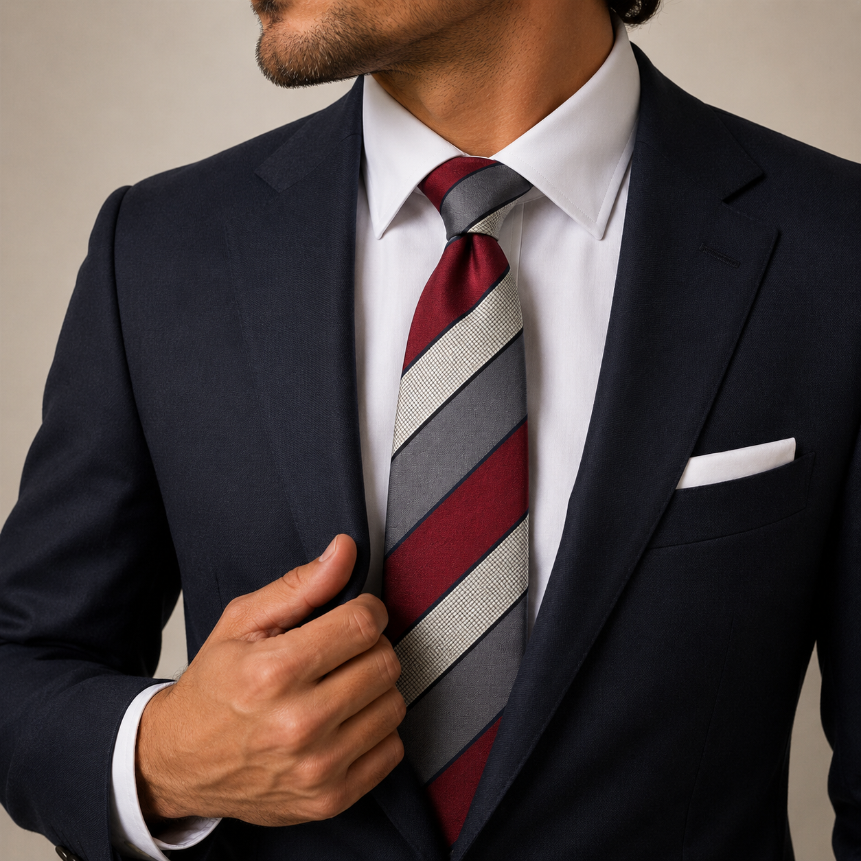 The Scarlet & Slate Stripe Tie - Model