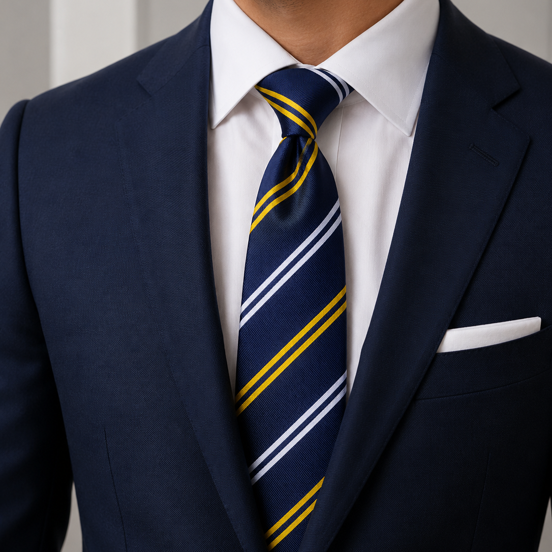 The Ensign Navy & Gold Stripe Slim Tie - Model