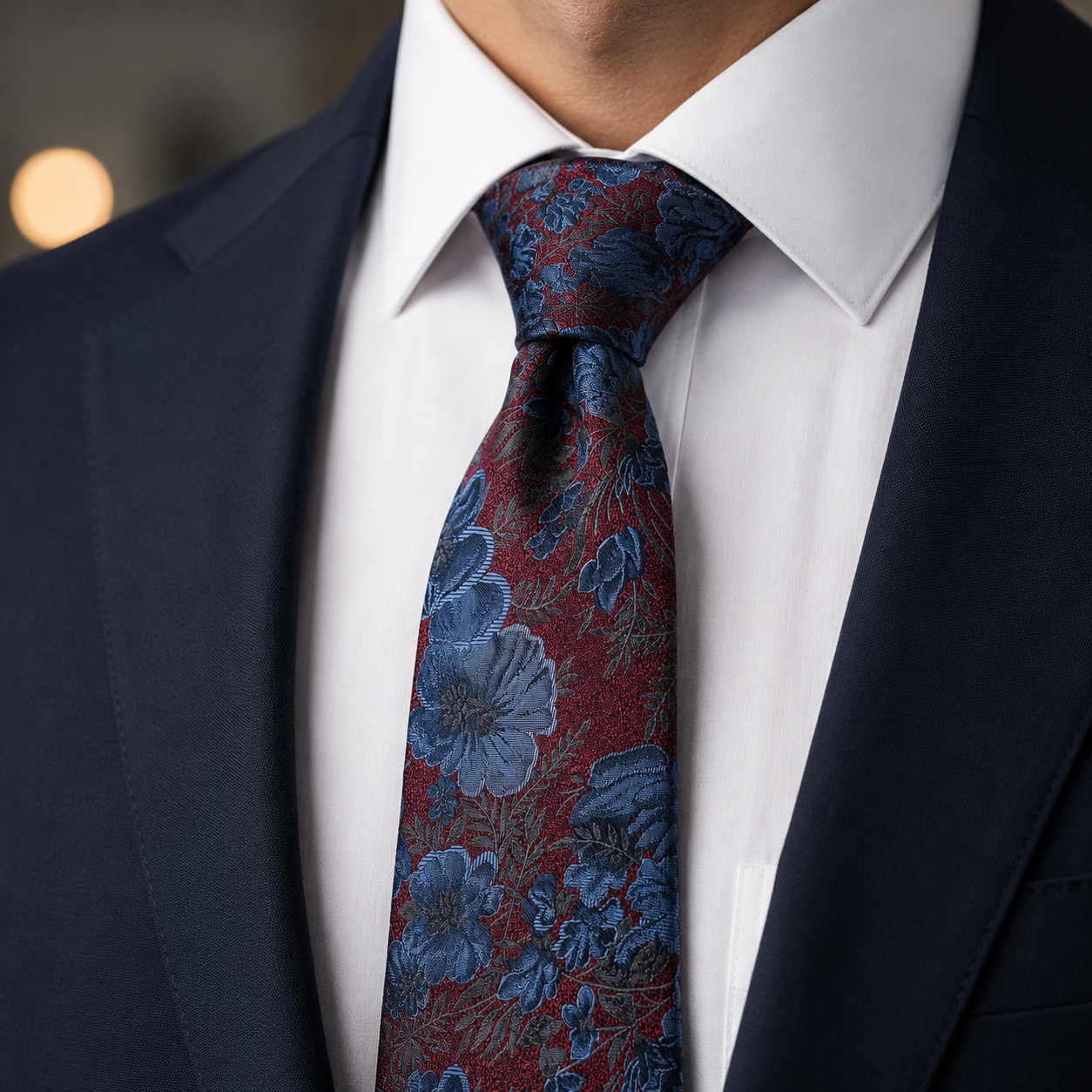 The Bloomsbury Crimson & Blue Floral Jacquard Tie - Model