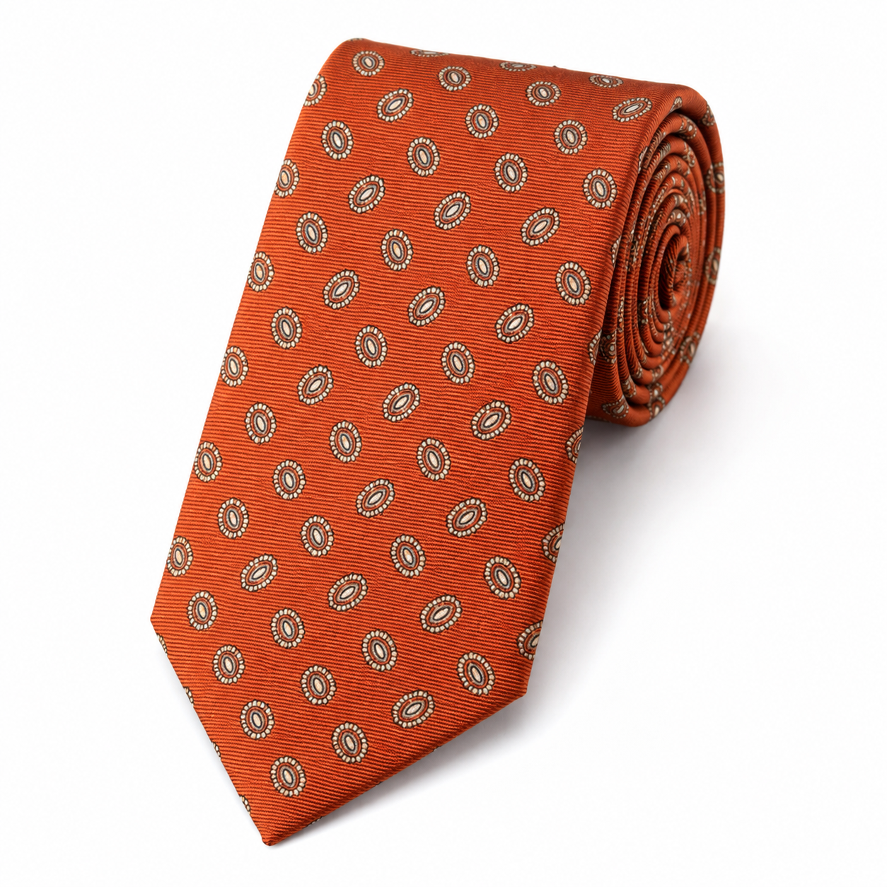 The Terracotta Medallion Foulard Tie - Flat Lay