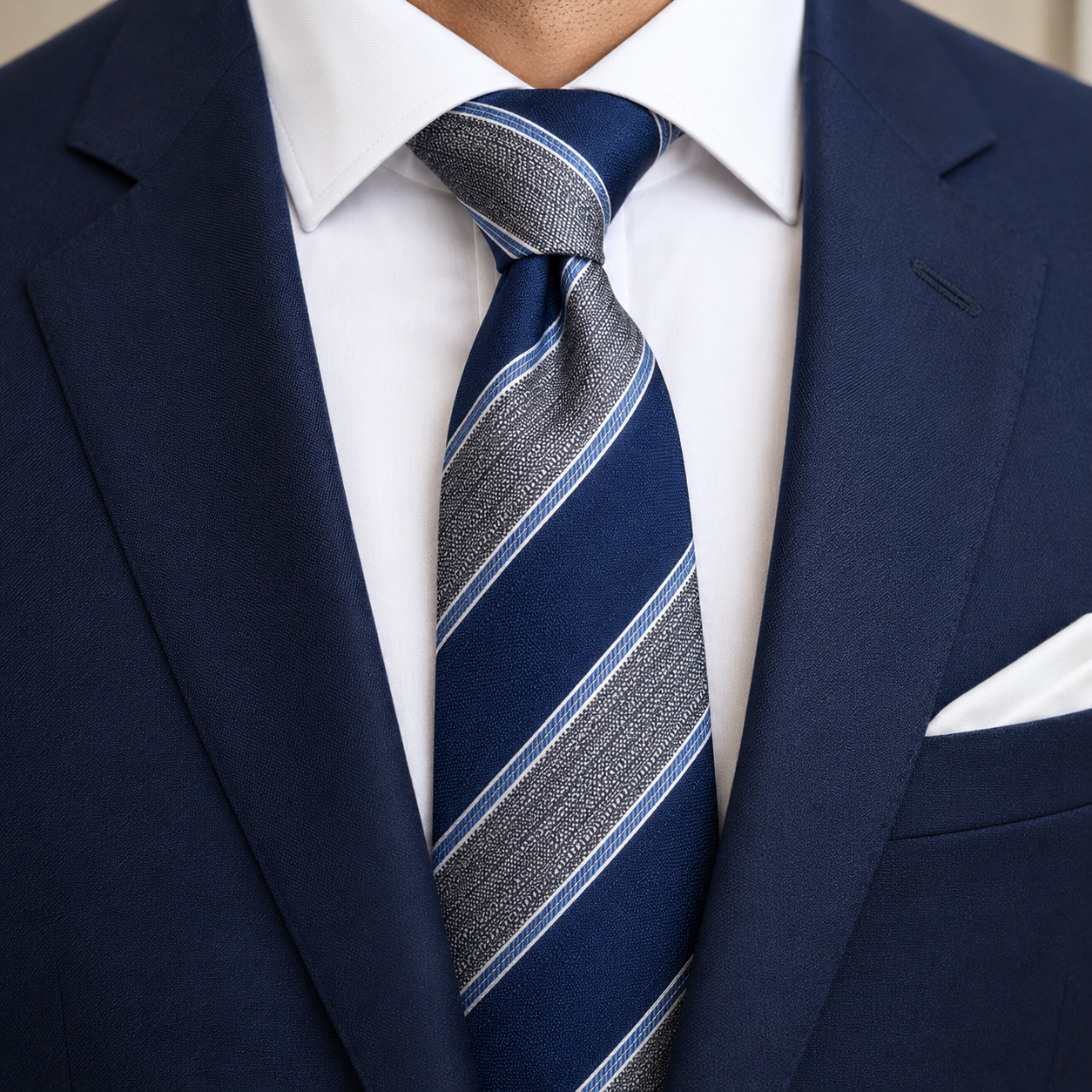The Harbour Navy & Grey Stripe Tie - Model