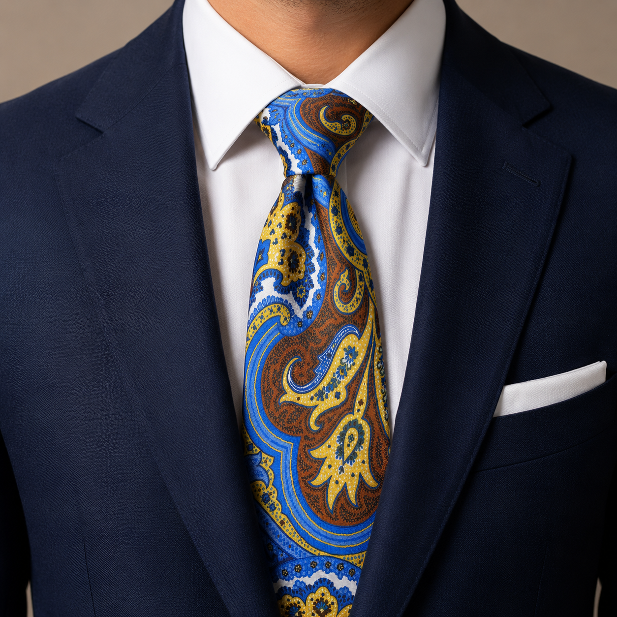 Albetro The Mornington Chocolate Brown & Cobalt Blue Paisley Tie - worn on suit, model shot