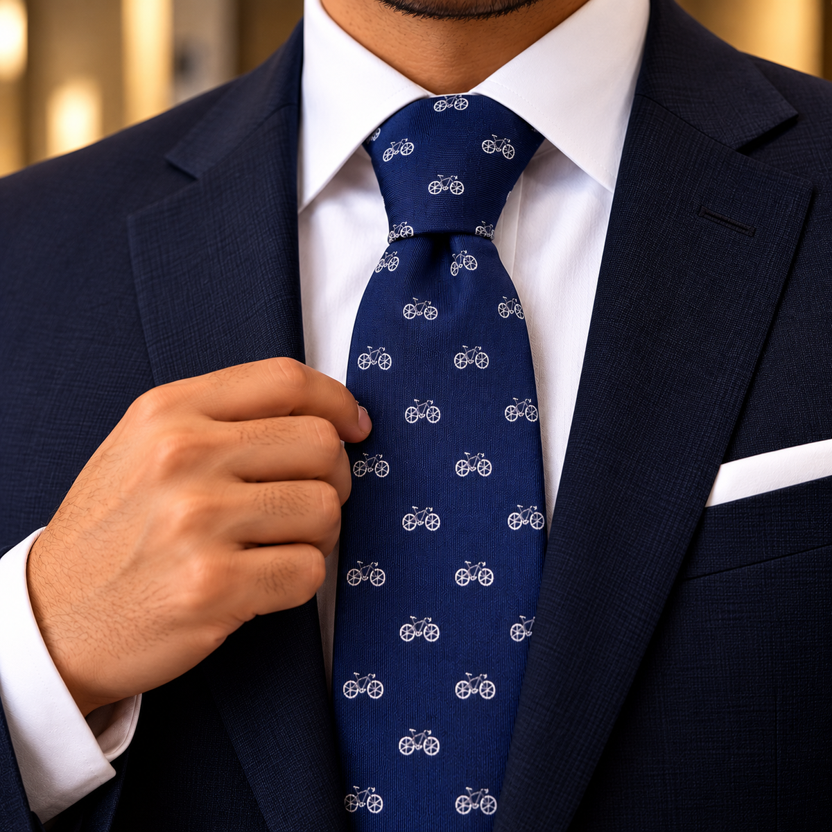 Albetro The Velocipede navy bicycle motif tie worn with navy suit and white shirt