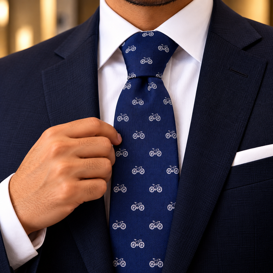 Albetro The Velocipede navy bicycle motif tie worn with navy suit and white shirt