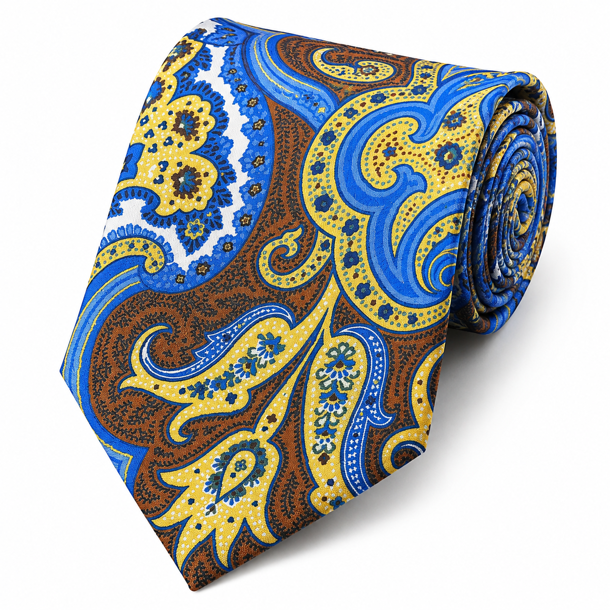 Albetro The Mornington Chocolate Brown & Cobalt Blue Paisley Tie - rolled silk product shot