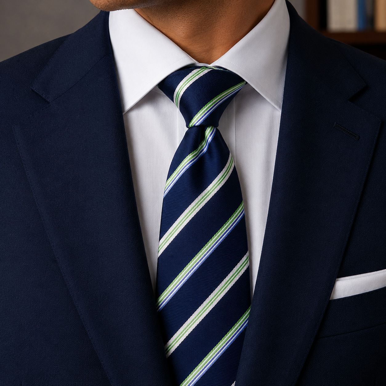 Albetro The Hampton Navy Blue & Mint Green Stripe Tie - worn on suit, model shot