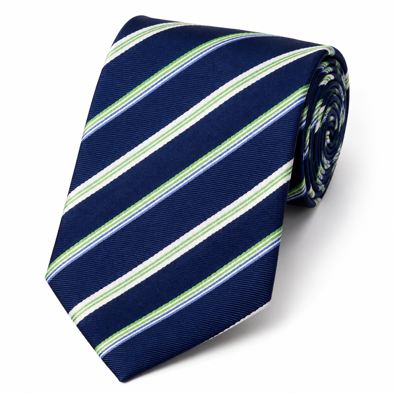 Albetro The Hampton Navy Blue & Mint Green Stripe Tie - rolled silk product shot