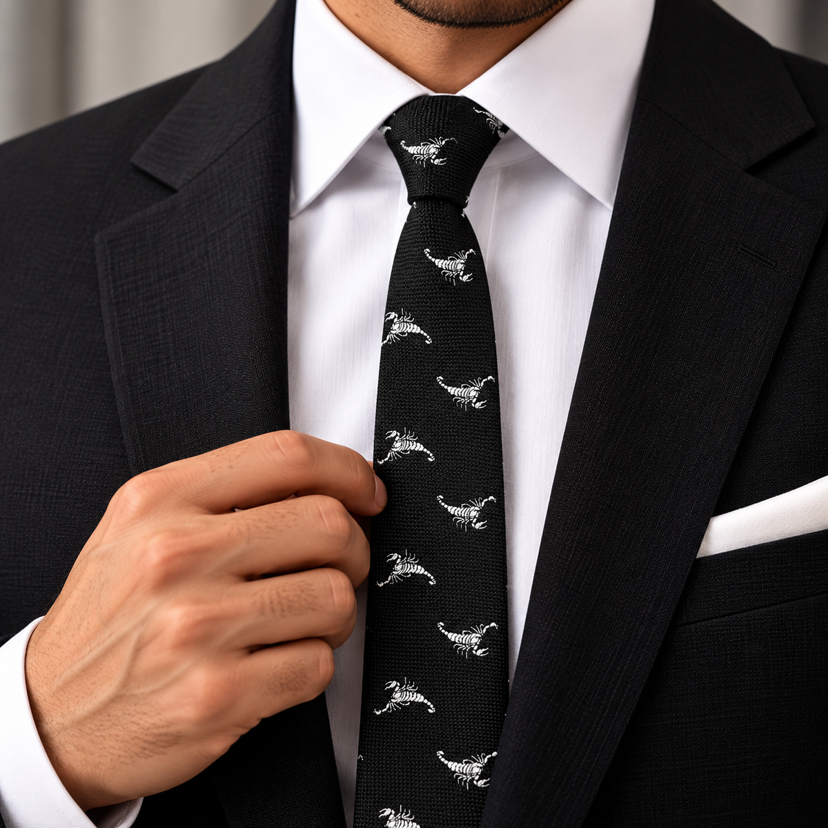 Albetro The Scorpio black scorpion motif tie worn with black suit and white shirt