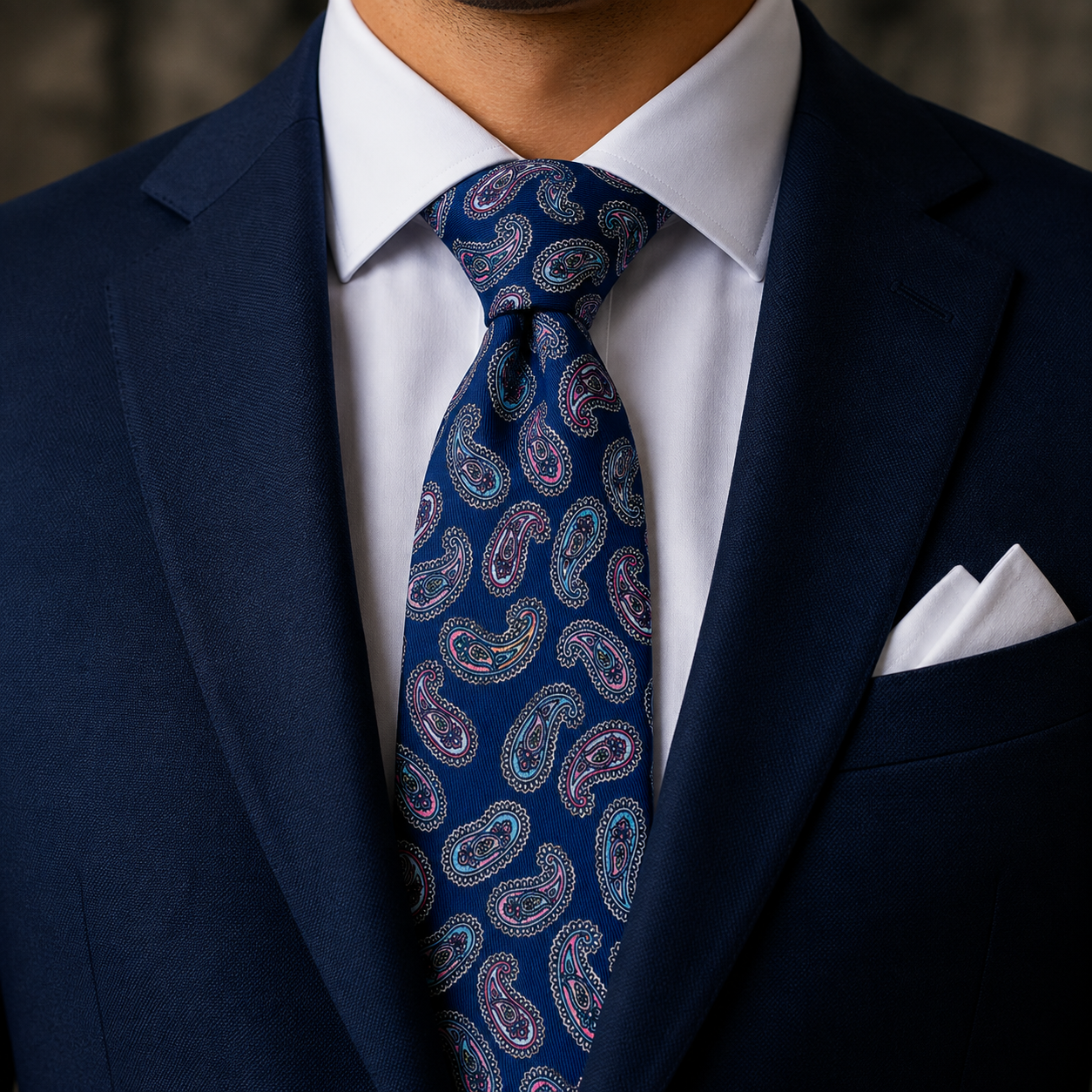 Albetro The Southwark Navy Blue & Dusty Pink Paisley Tie - worn on suit, model shot