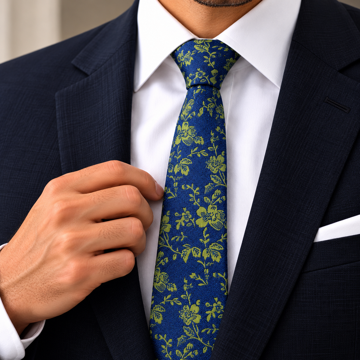 Albetro The Chartreuse Vine navy floral jacquard tie worn with navy suit
