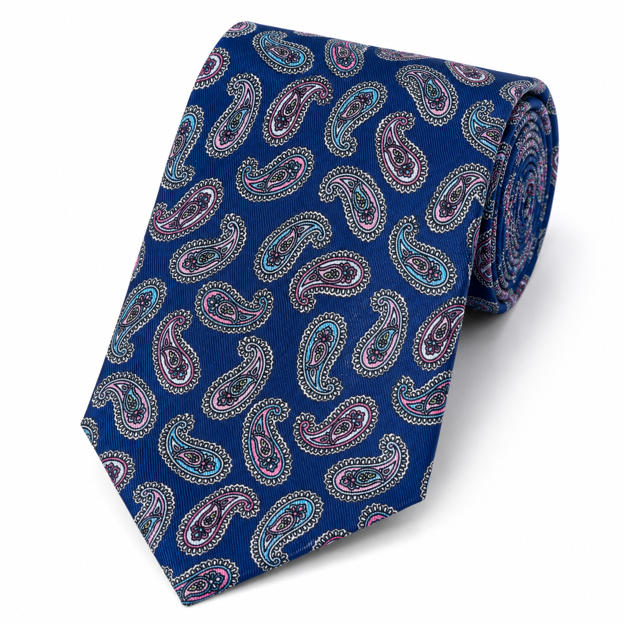 Albetro The Southwark Navy Blue & Dusty Pink Paisley Tie - rolled silk product shot