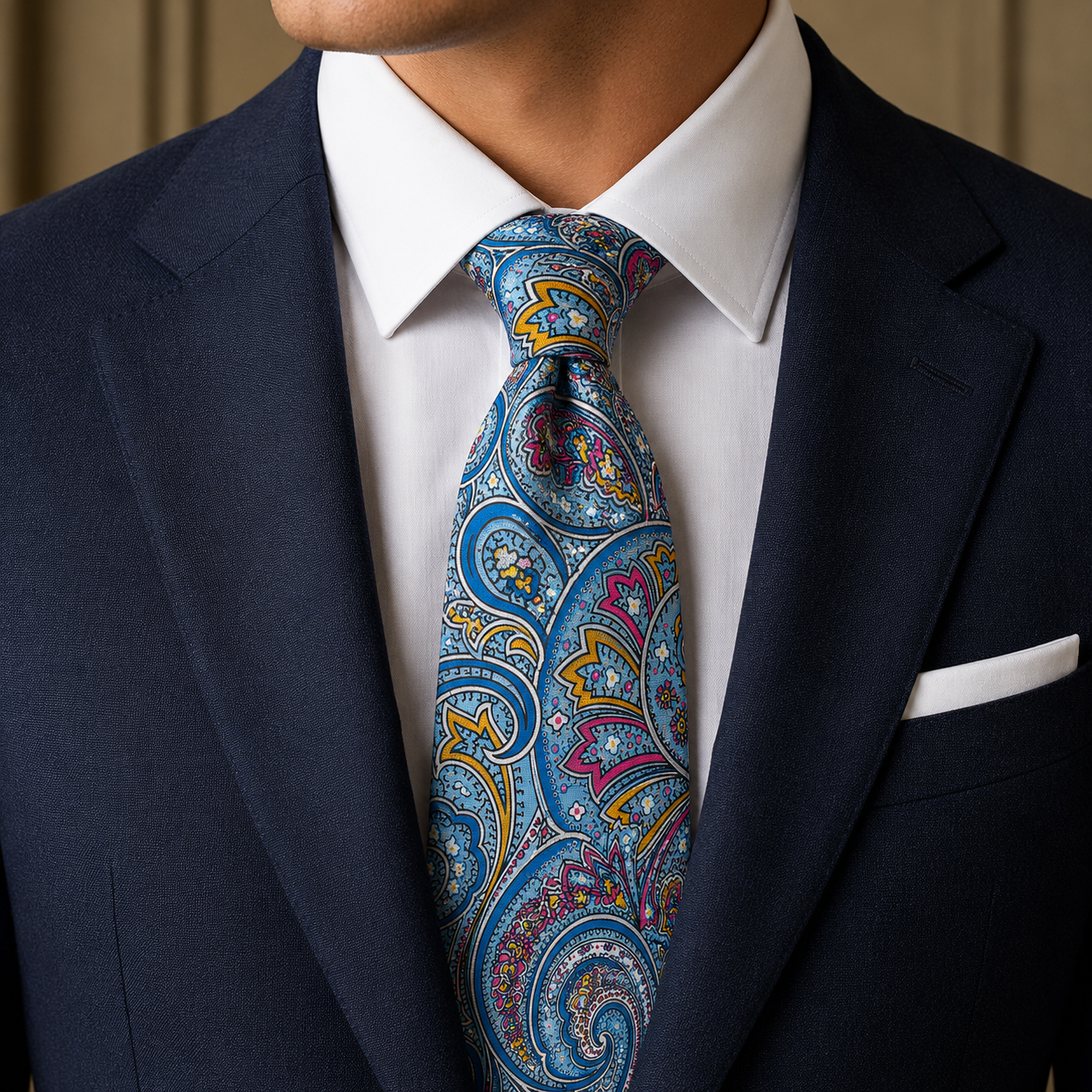 Albetro The Downing Sky Blue & Antique Gold Paisley Tie - worn on suit, model shot