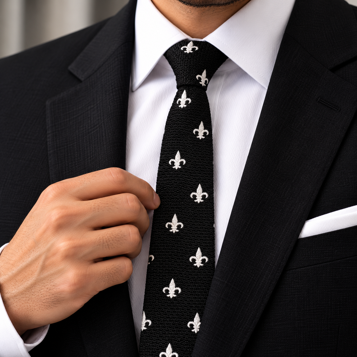 Albetro The Fleur Noir black knitted fleur-de-lis skinny tie with black suit