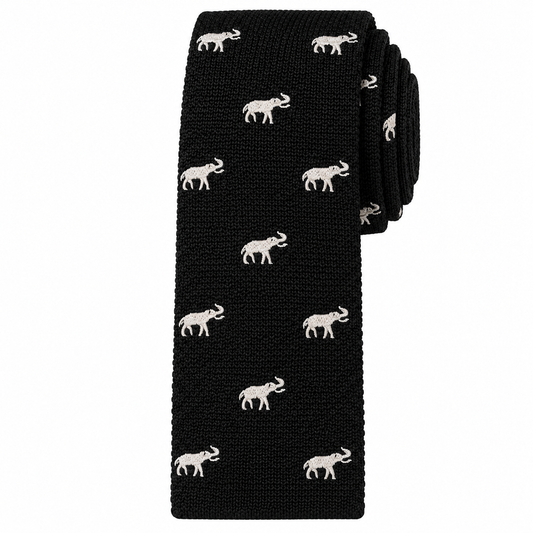 Albetro The Tusker Noir black elephant knitted skinny tie detailed view