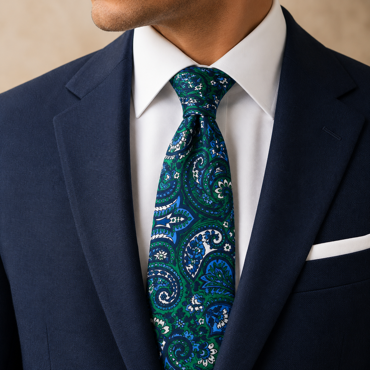 Albetro The Camden Teal & Cobalt Blue Paisley Tie - worn on suit, model shot