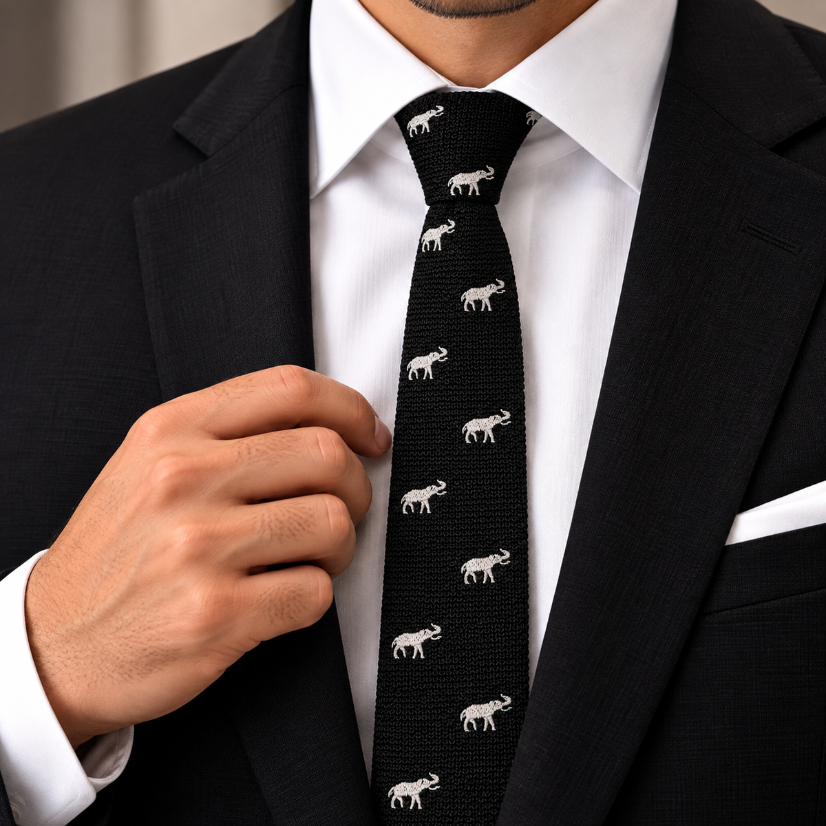 Albetro The Tusker Noir black knitted elephant skinny tie with black suit