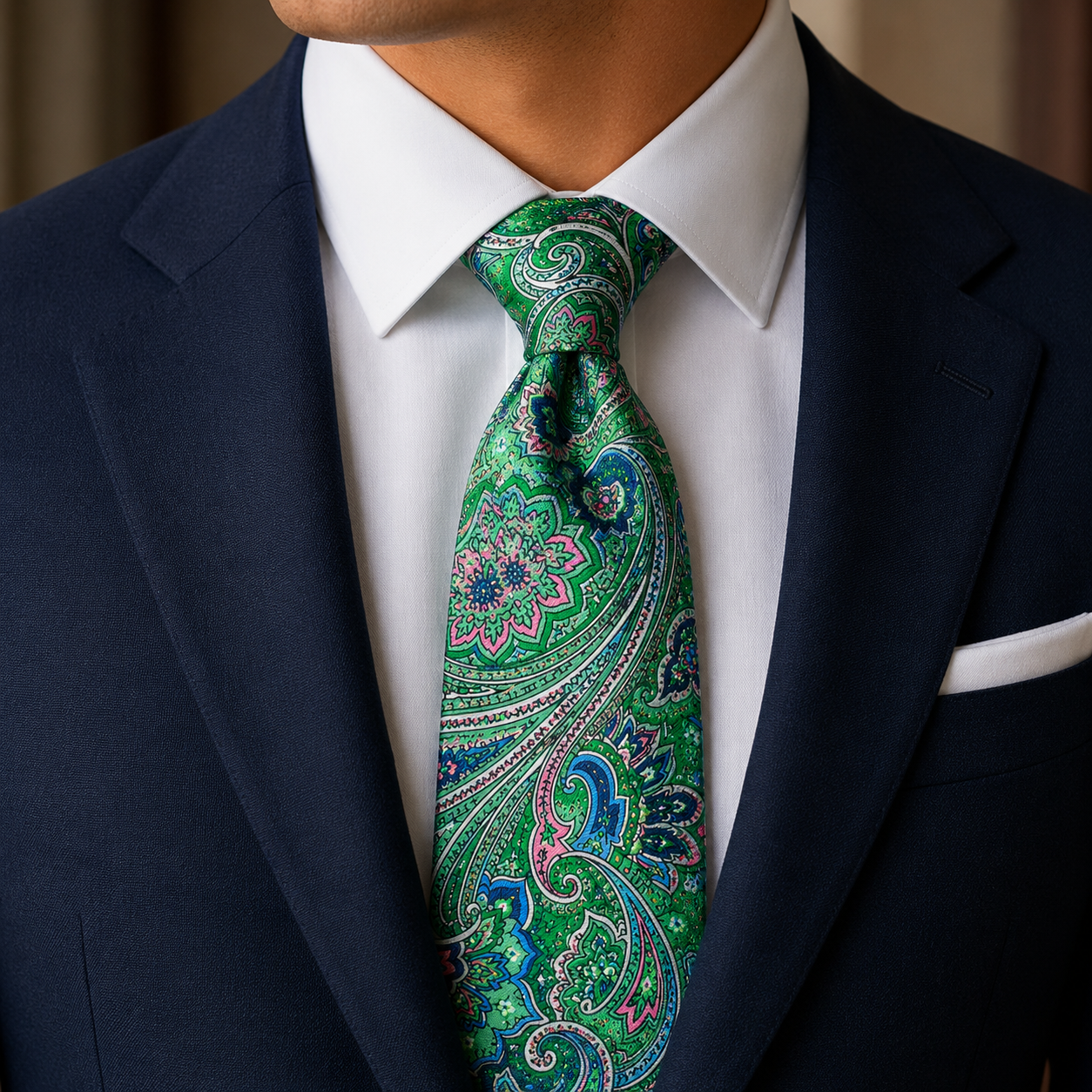 Albetro The Holborn Emerald Green & Fuchsia Paisley Tie - worn on suit, model shot