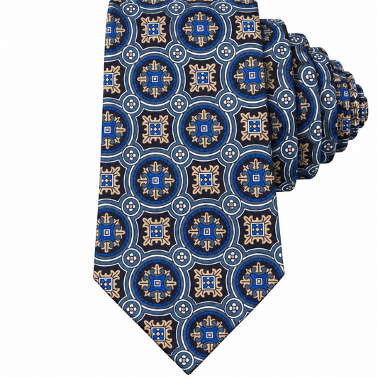Albetro The Florentine blue and tan medallion tie detailed view