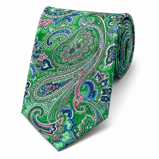 Albetro The Holborn Emerald Green & Fuchsia Paisley Tie - rolled silk product shot
