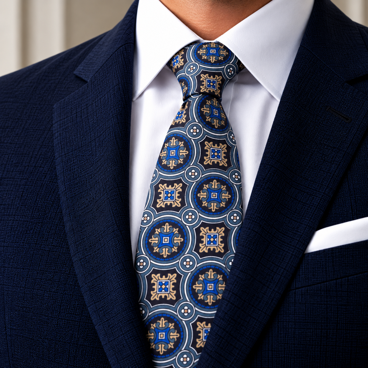 Albetro The Florentine blue medallion tie worn with navy suit and white shirt