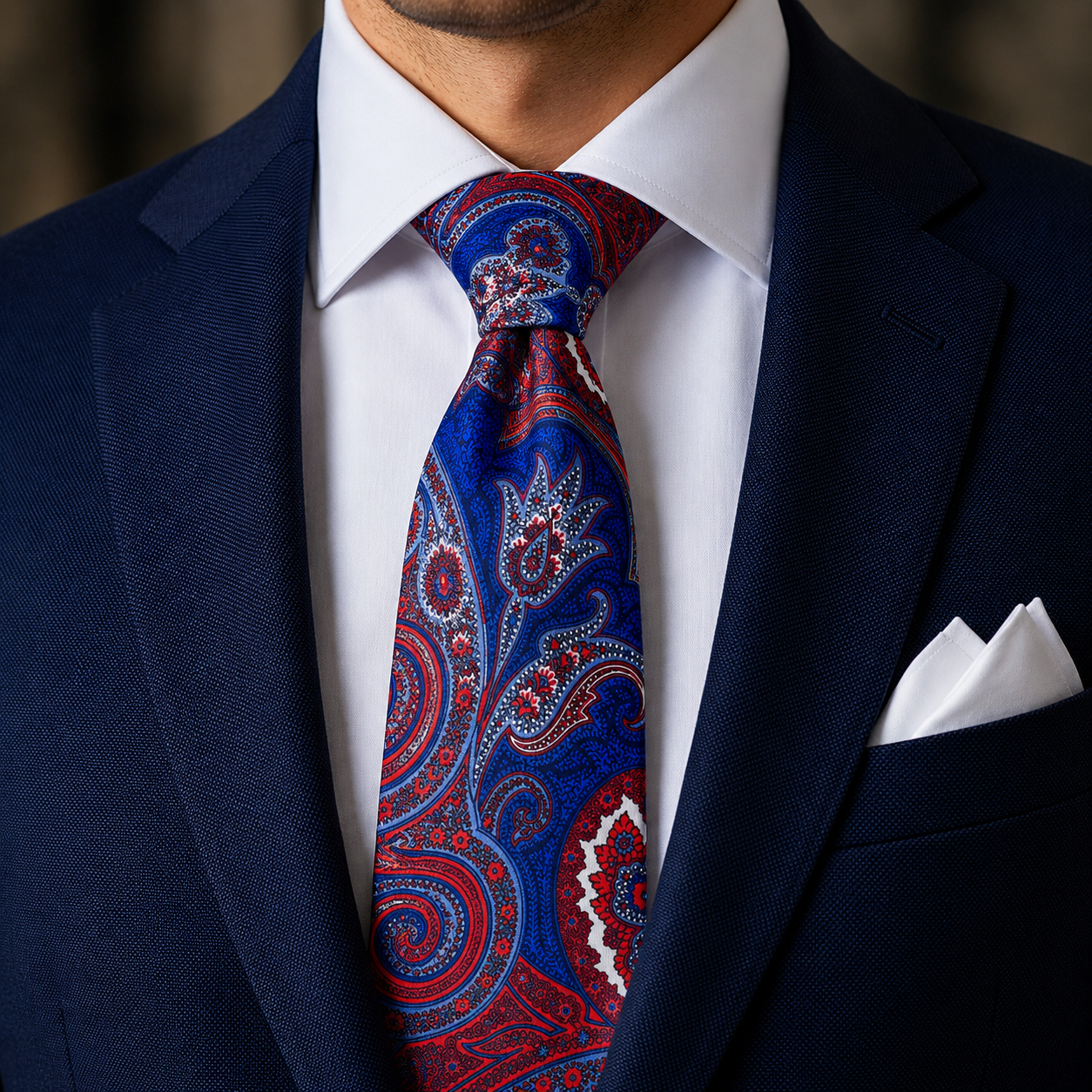 Albetro The Chatsworth Royal Blue & Crimson Paisley Tie - worn on suit, model shot