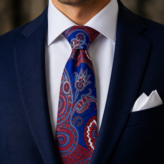 Albetro The Chatsworth Royal Blue & Crimson Paisley Tie - worn on suit, model shot