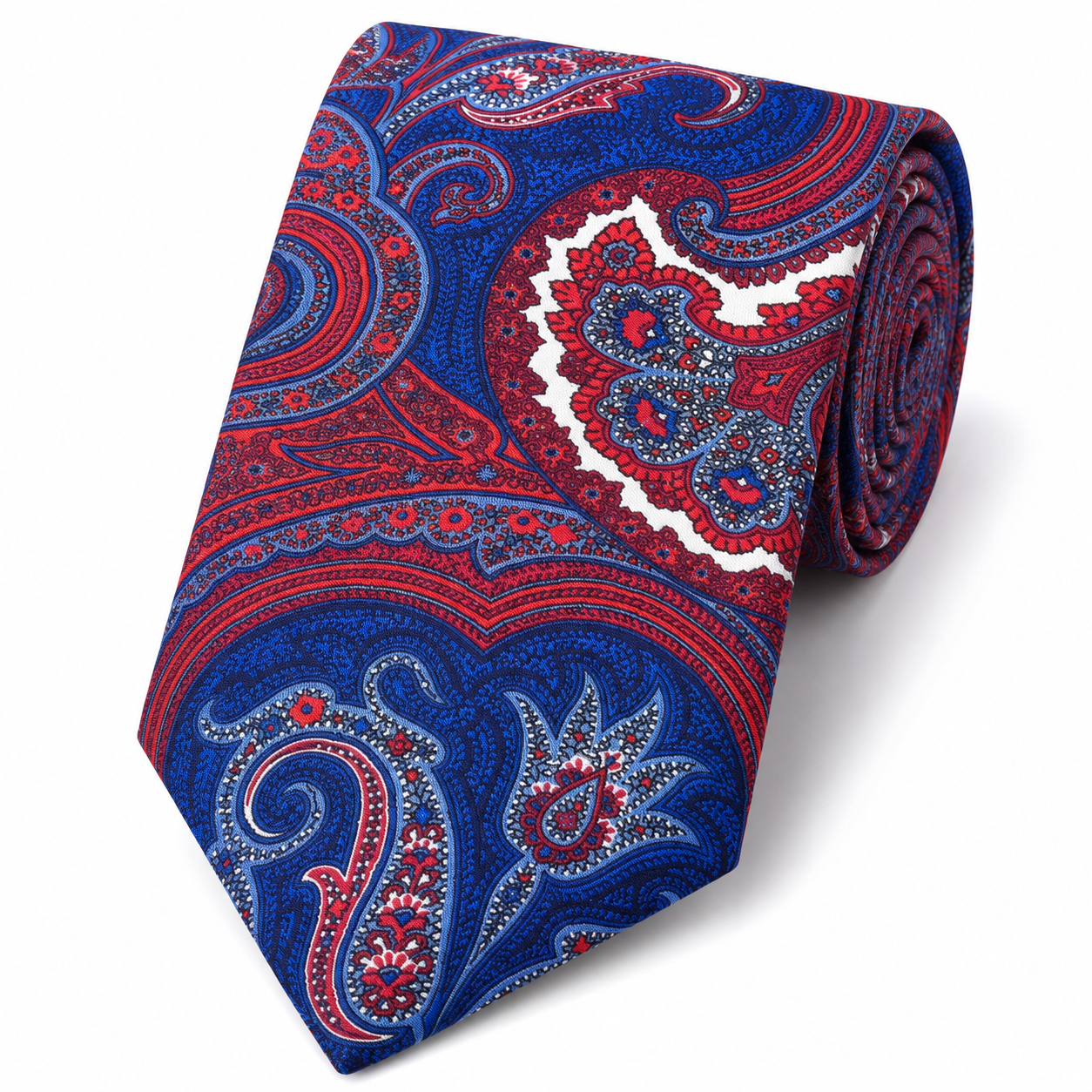 Albetro The Chatsworth Royal Blue & Crimson Paisley Tie - rolled silk product shot