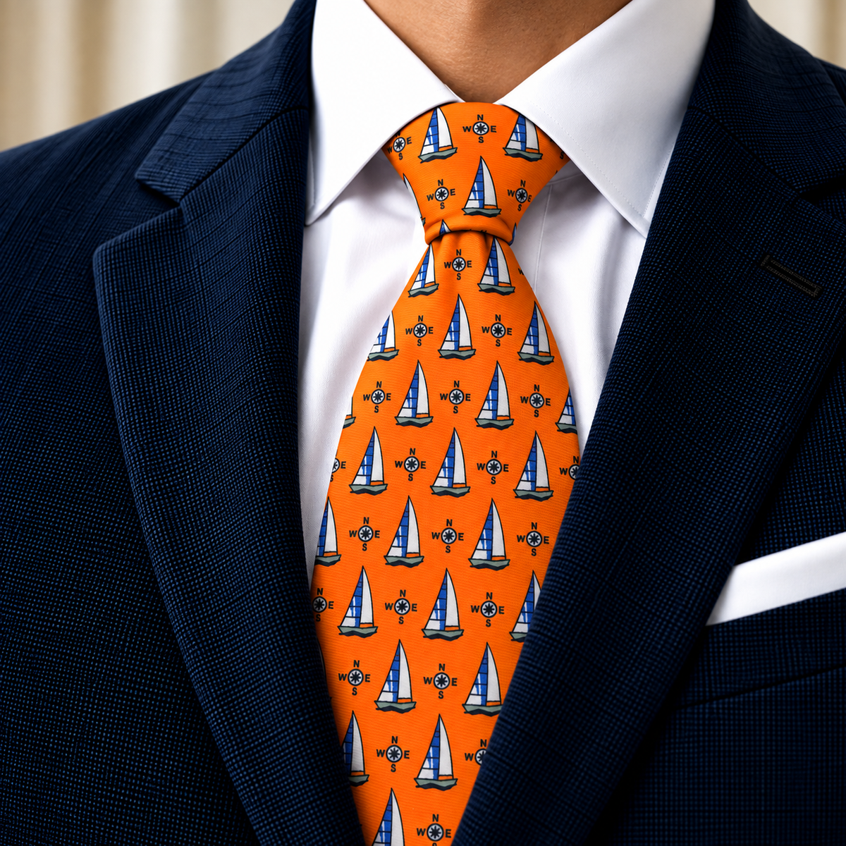 Albetro The Regatta orange sailboat tie worn with navy suit and white shirt