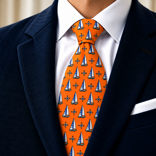 Albetro The Regatta orange sailboat tie worn with navy suit and white shirt