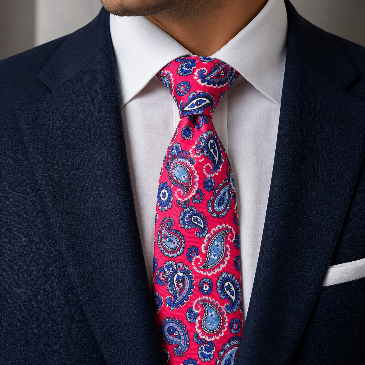 Albetro The Harrington Magenta & Royal Blue Paisley Tie - worn on suit, model shot