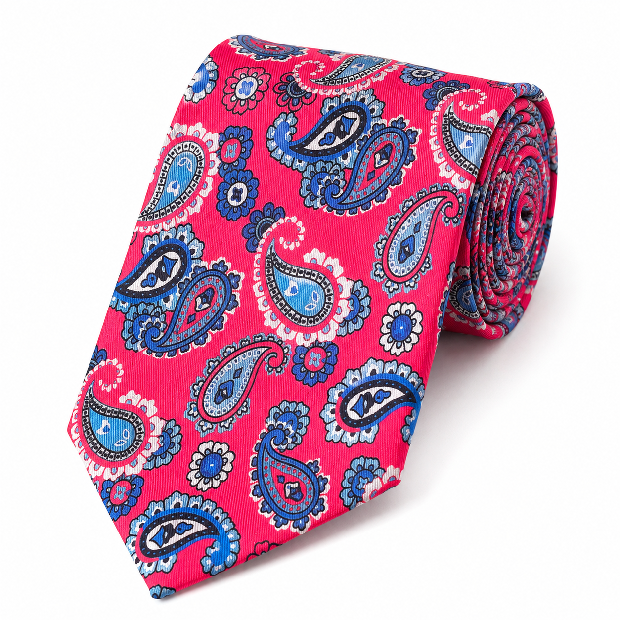 Albetro The Harrington Magenta & Royal Blue Paisley Tie - rolled silk product shot
