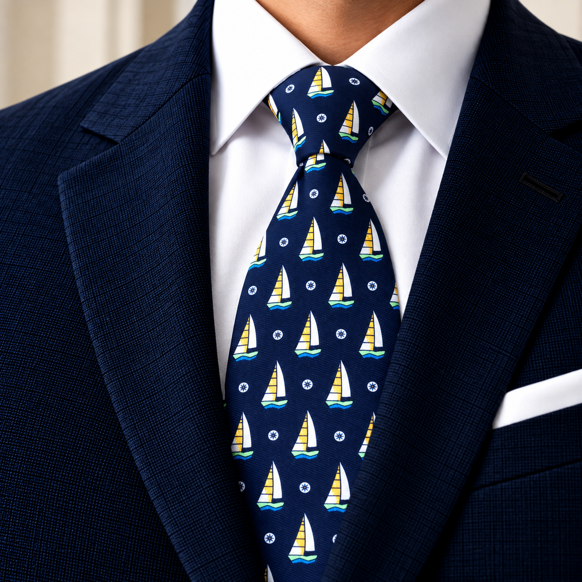 Albetro The Harbour navy sailboat tie worn with navy suit and white shirt