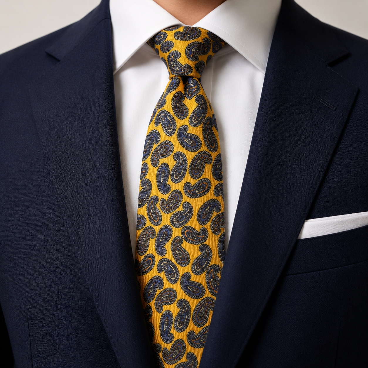 Albetro The Kingsley Golden Yellow & Navy Blue Paisley Tie - worn on suit, model shot