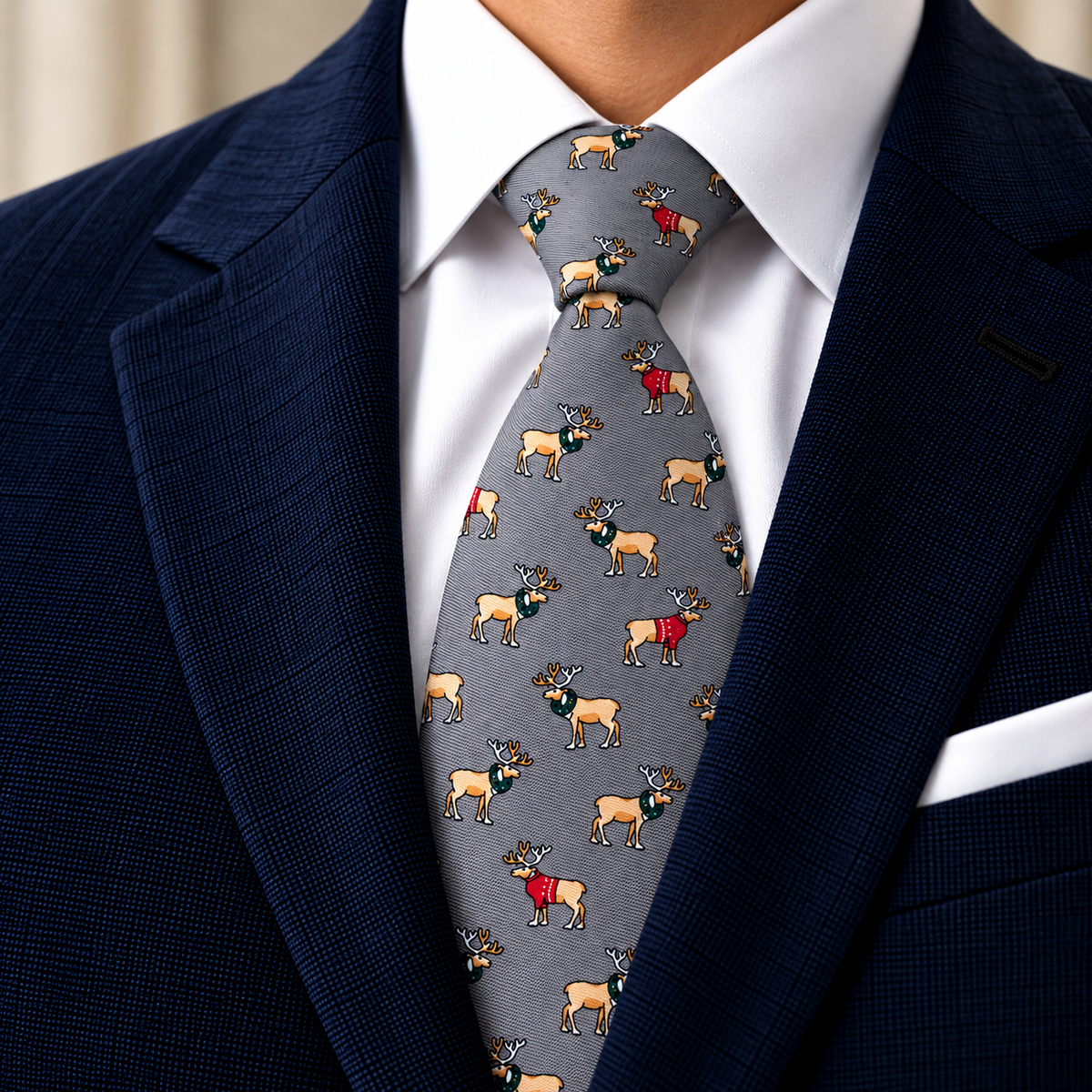 Albetro The Noel grey Christmas reindeer tie worn with navy suit