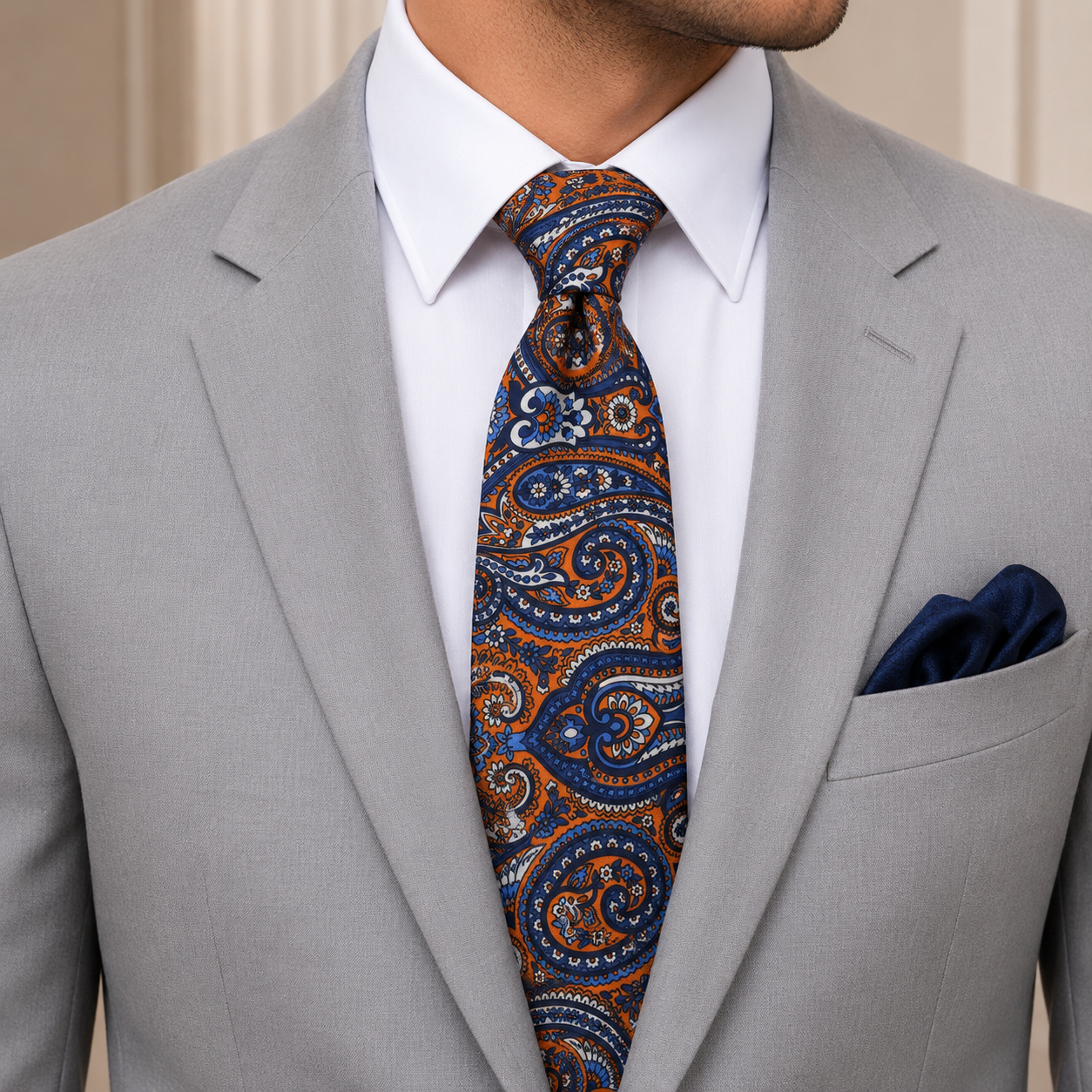 Albetro The Regency Rust & Cobalt Blue Paisley Tie - worn on suit, model shot