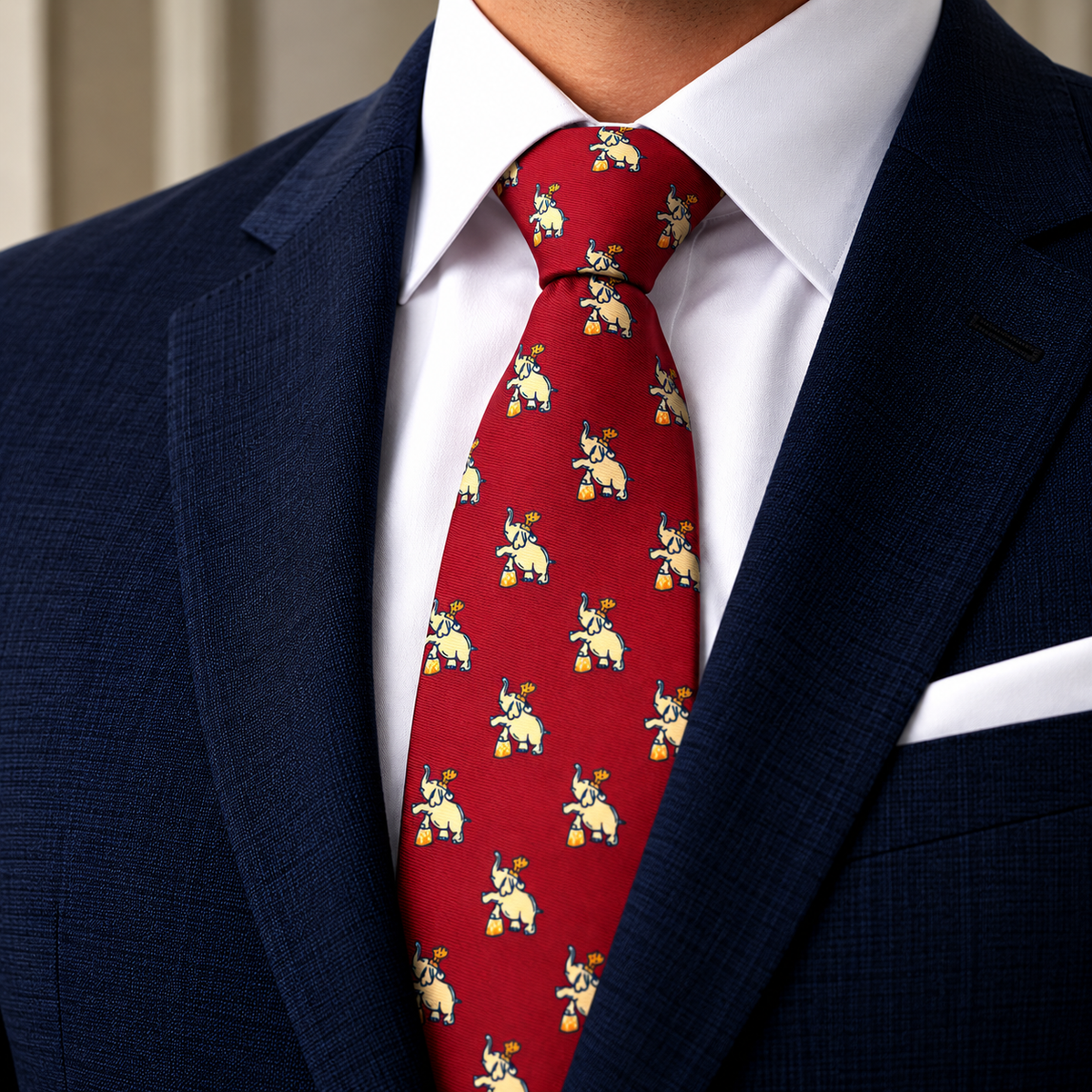 Albetro The Maharaja red elephant tie worn with navy suit and white shirt