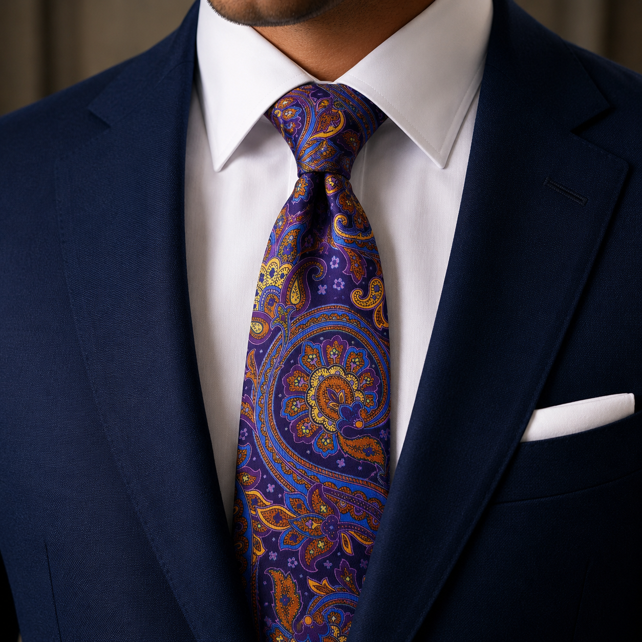 Albetro The Wentworth Purple & Antique Gold Paisley Tie - worn on suit, model shot