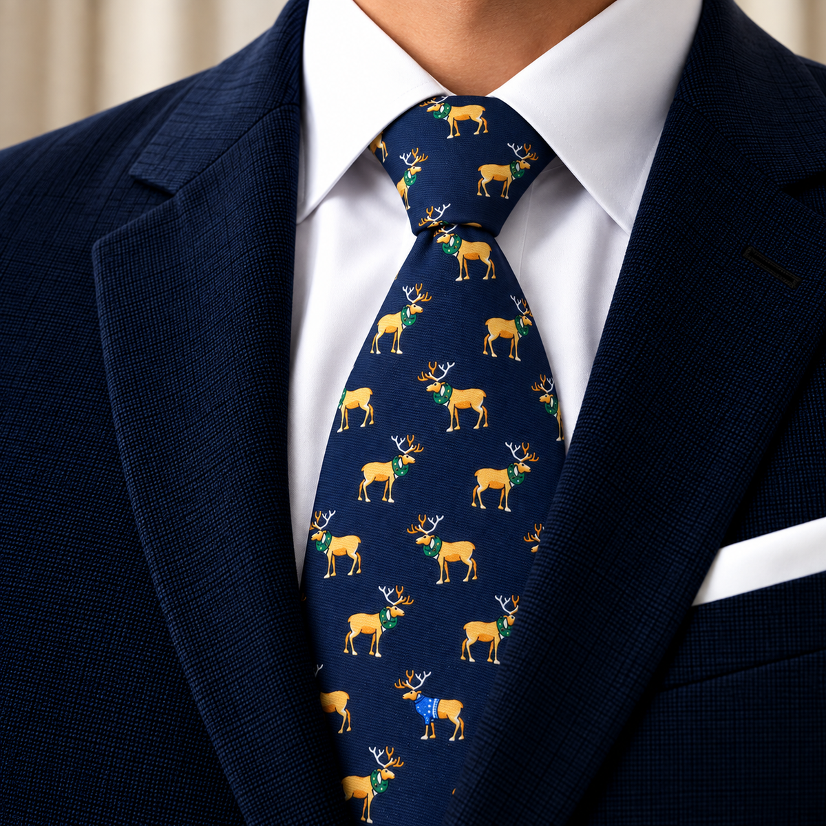 Albetro The Yuletide navy Christmas reindeer tie worn with navy suit