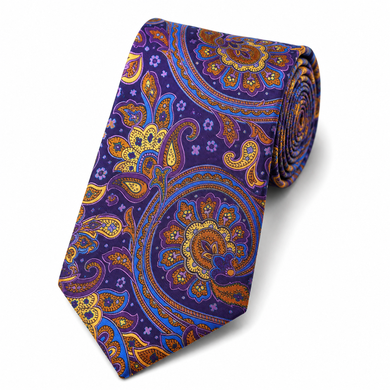 Albetro The Wentworth Purple & Antique Gold Paisley Tie - rolled silk product shot