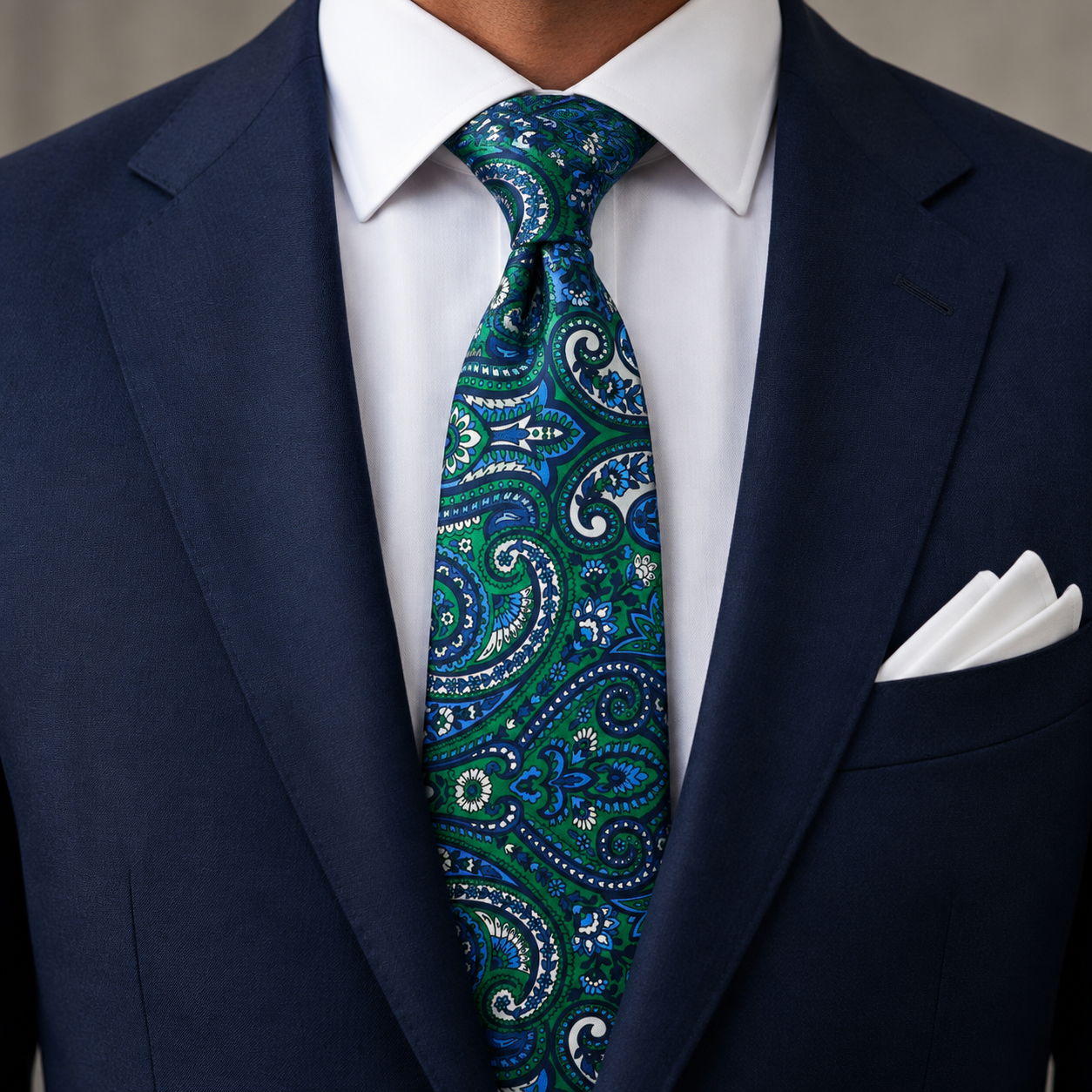 Albetro The Marylebone Emerald Green & Cobalt Blue Paisley Tie - worn on suit, model shot