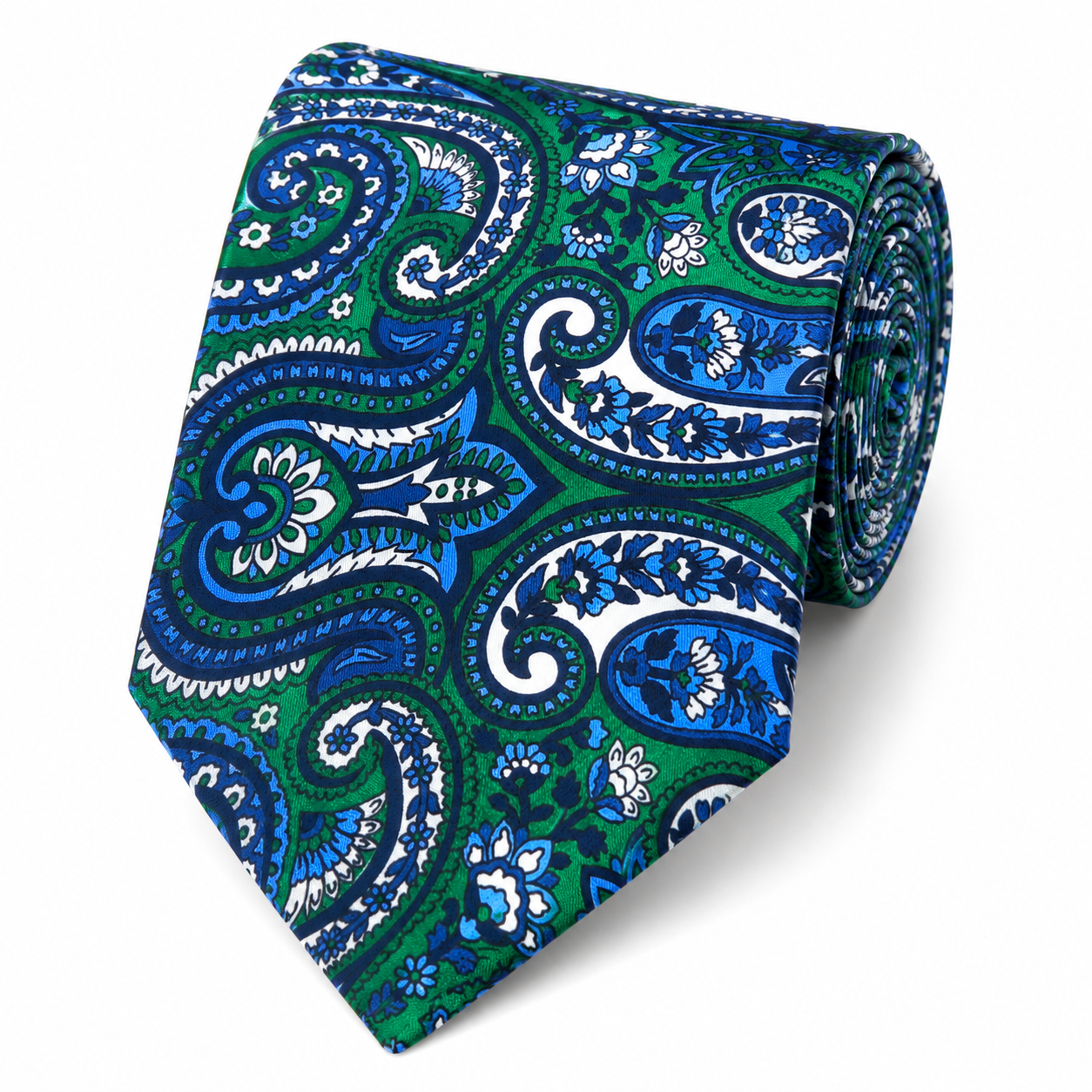 Albetro The Marylebone Emerald Green & Cobalt Blue Paisley Tie - rolled silk product shot