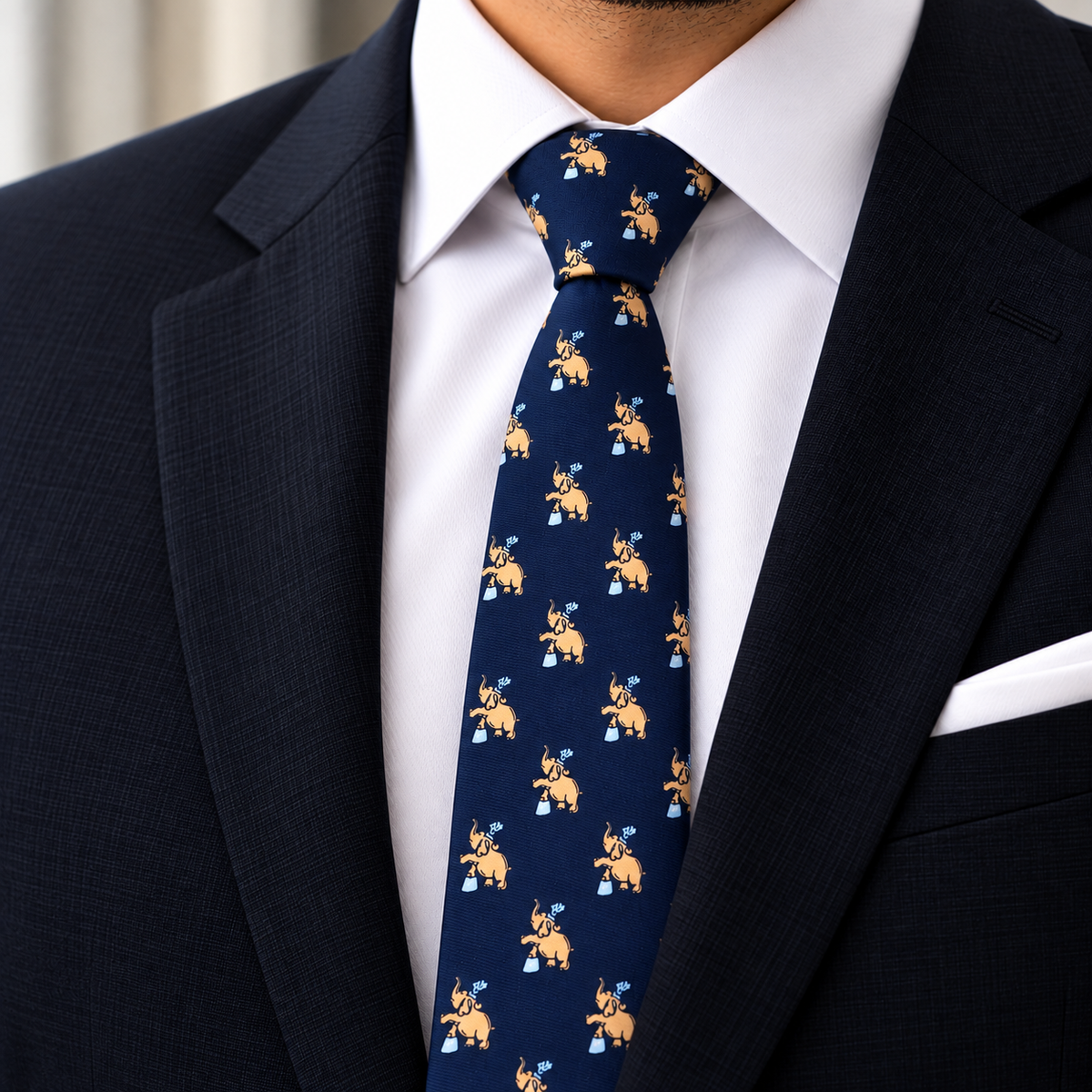 Albetro The Airavata navy elephant tie worn with navy suit and white shirt