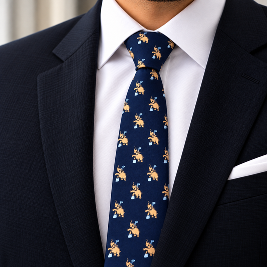 Albetro The Airavata navy elephant tie worn with navy suit and white shirt