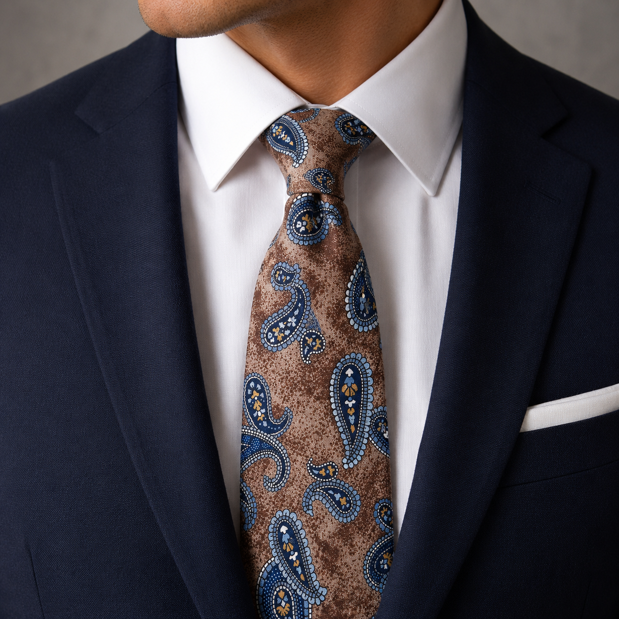 Albetro The Balmoral Camel & Navy Blue Paisley Tie - worn on suit, model shot