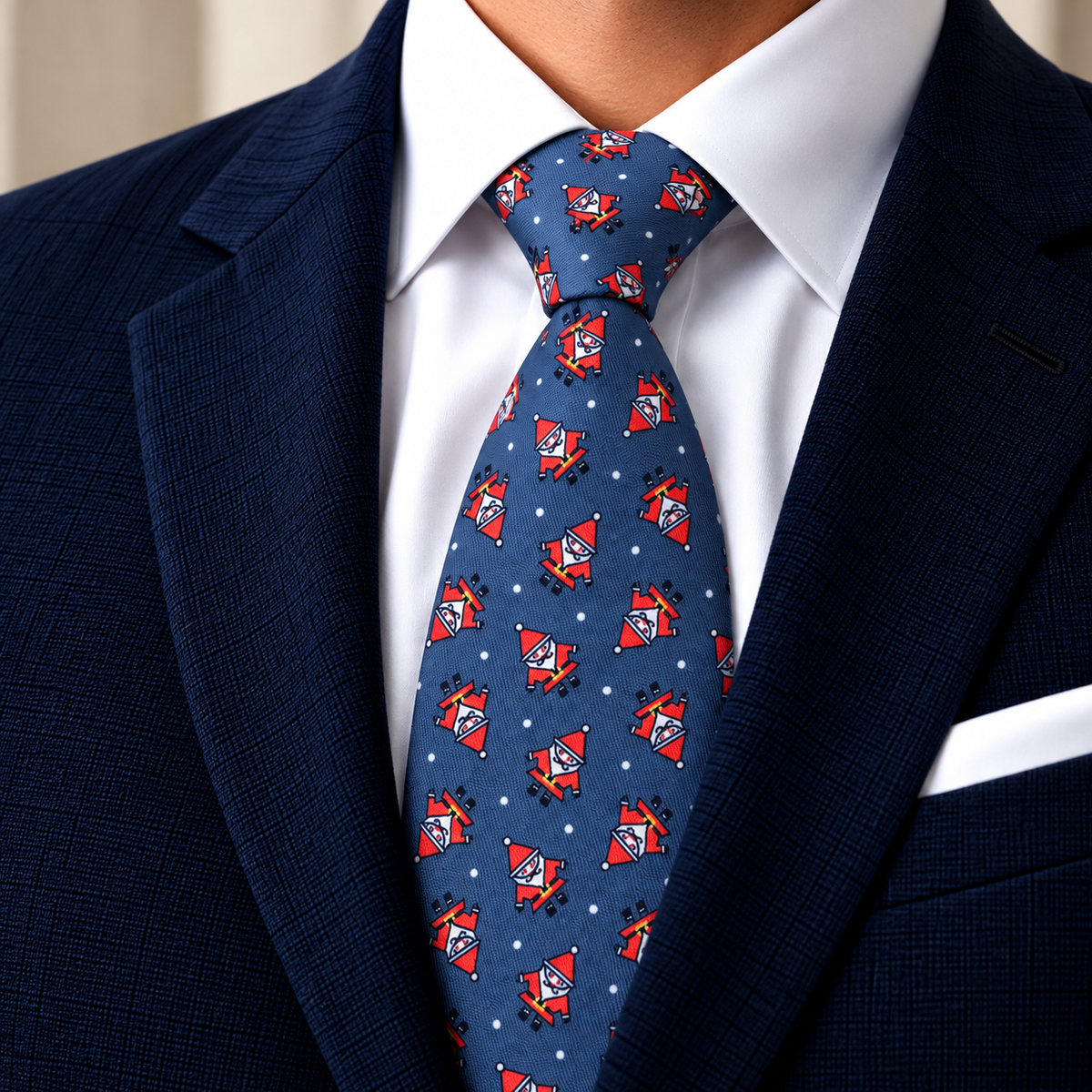 Albetro The Santa slate blue Christmas tie worn with navy suit