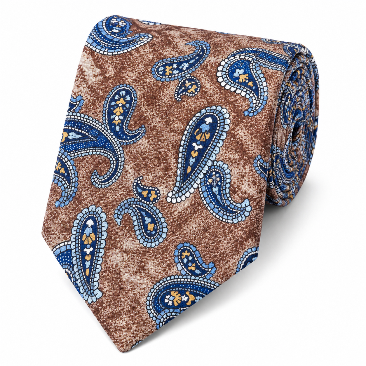 Albetro The Balmoral Camel & Navy Blue Paisley Tie - rolled silk product shot