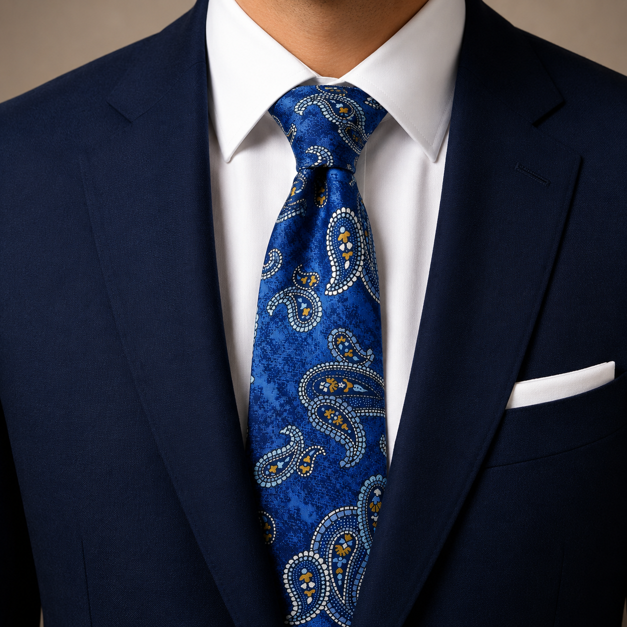 Albetro The Knightsbridge Royal Blue & Antique Gold Paisley Tie - worn on suit, model shot