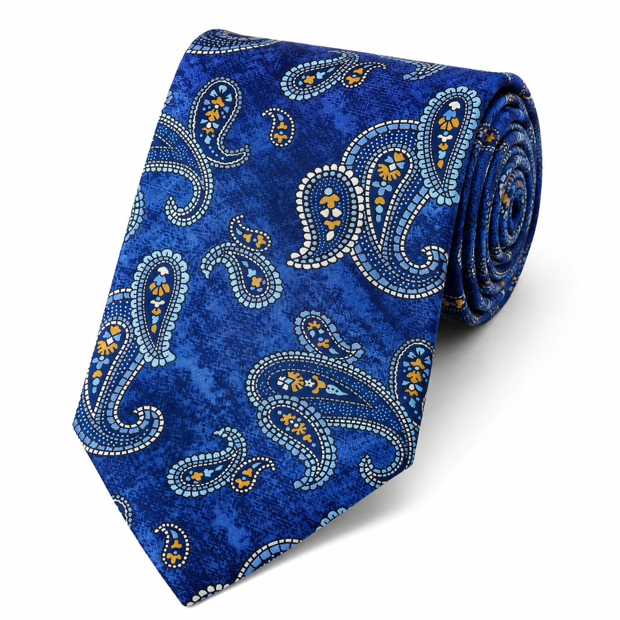 Albetro The Knightsbridge Royal Blue & Antique Gold Paisley Tie - rolled silk product shot