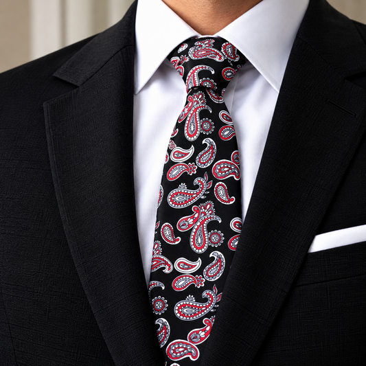 Albetro The Carmine Noir black red paisley tie worn with black suit